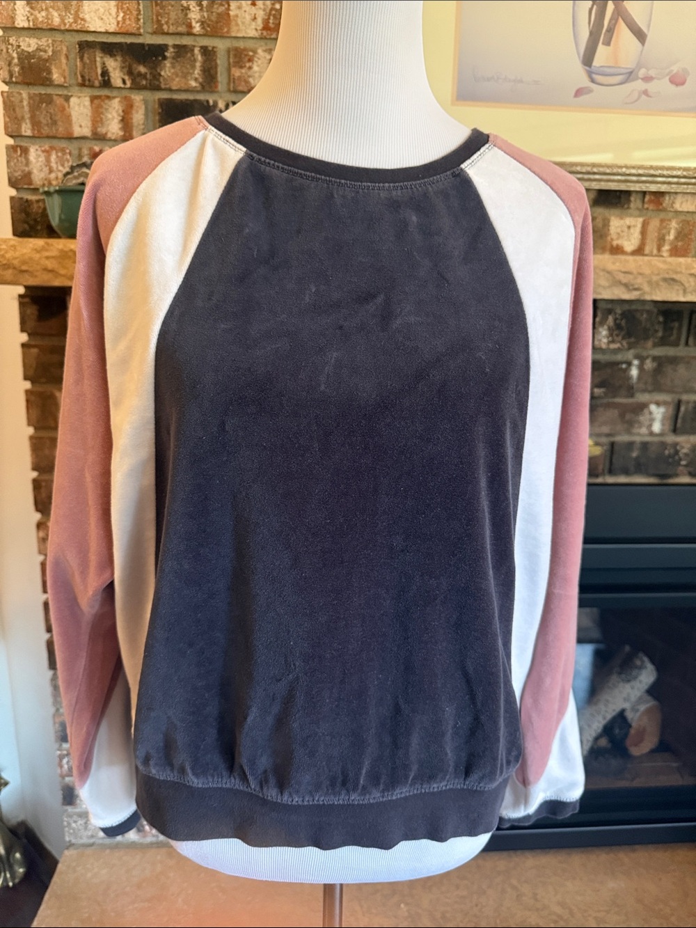 FOREVER 21 Vintage velour top. Black, white & pink color block.